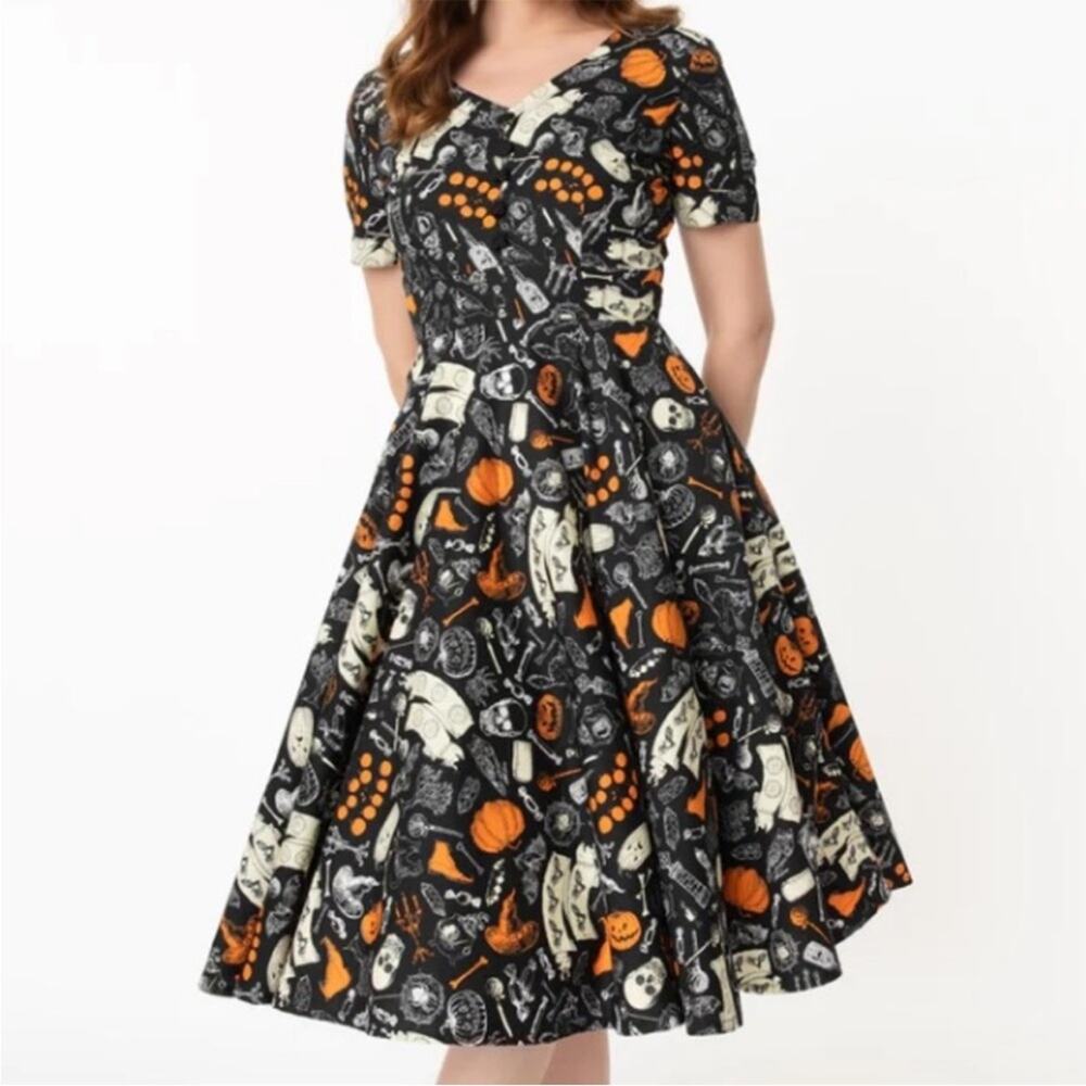 Unique Vintage Magnolia Place Halloween Goth Witch Dress Sz L skull - Picture 3 of 8